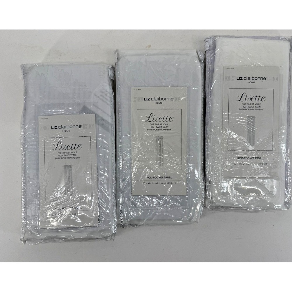 Lot of 3 Liz Claiborne Lisette Sheer Curtain Panels 60x84 Cool White Rod Pocket